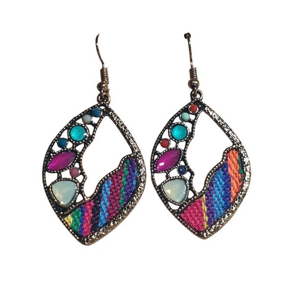 Bohemian Multicolor Teardrop Earrings Acrylic Gemstone Woven Design Beach Core - Picture 2 of 4